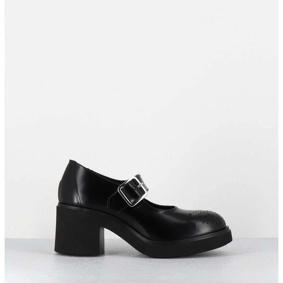 Mary-Jane A Talon En Cuir Glace Noir Bout Fleuri - Al111 Abrasivato Nero