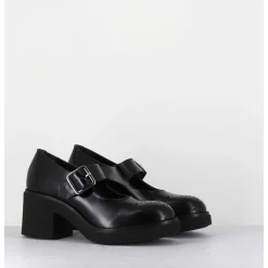 Mary-Jane A Talon En Cuir Glace Noir Bout Fleuri - Al111 Abrasivato Nero