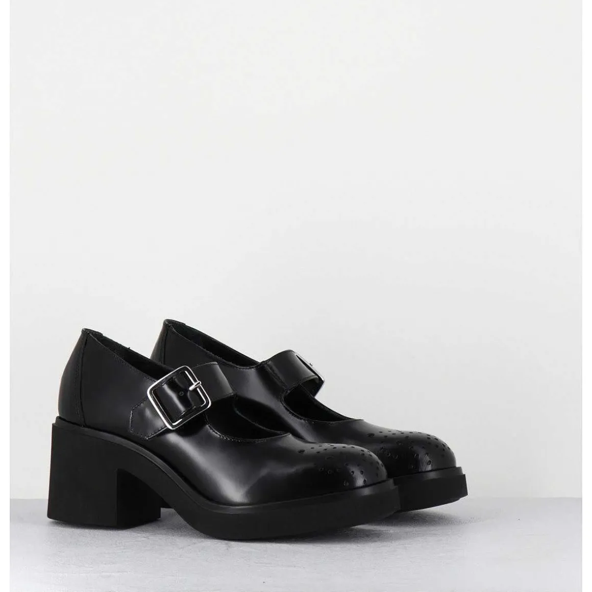 Mary-Jane A Talon En Cuir Glace Noir Bout Fleuri - Al111 Abrasivato Nero
