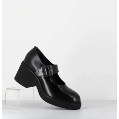 Mary-Jane A Talon En Cuir Glace Noir Bout Fleuri - Al111 Abrasivato Nero