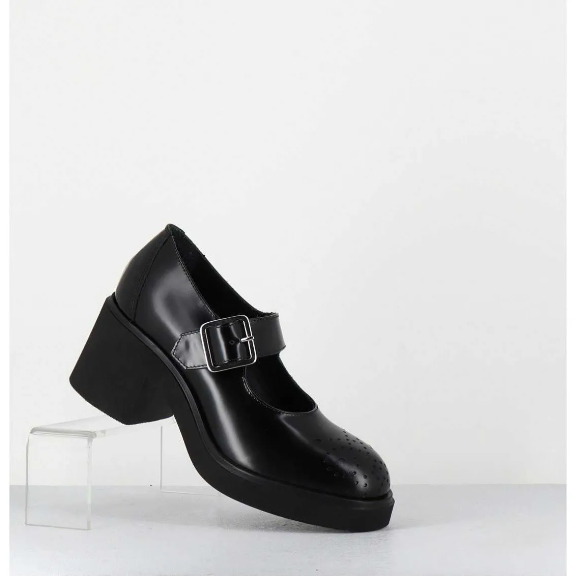 Mary-Jane A Talon En Cuir Glace Noir Bout Fleuri - Al111 Abrasivato Nero