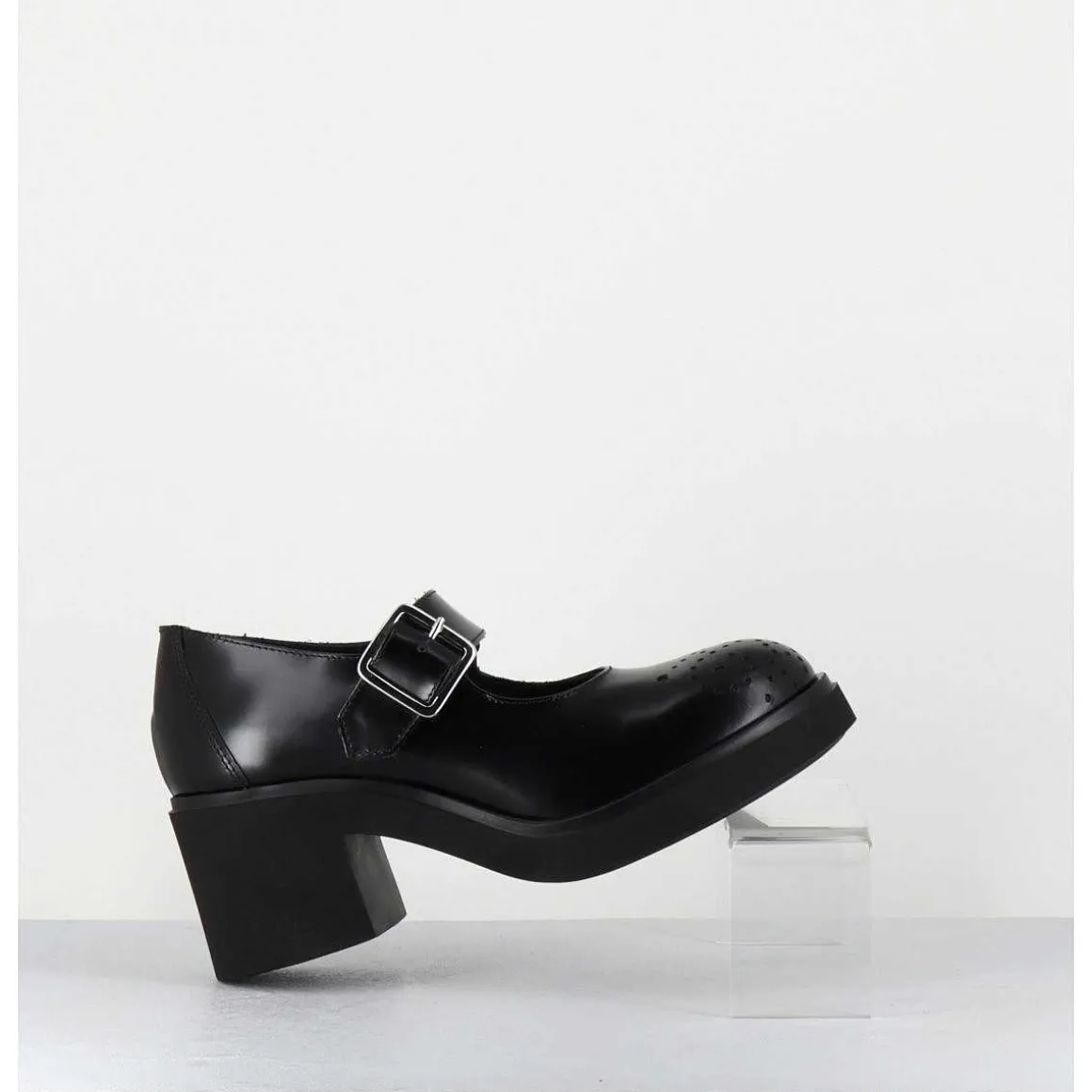 Mary-Jane A Talon En Cuir Glace Noir Bout Fleuri - Al111 Abrasivato Nero