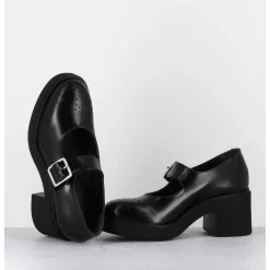 Mary-Jane A Talon En Cuir Glace Noir Bout Fleuri - Al111 Abrasivato Nero
