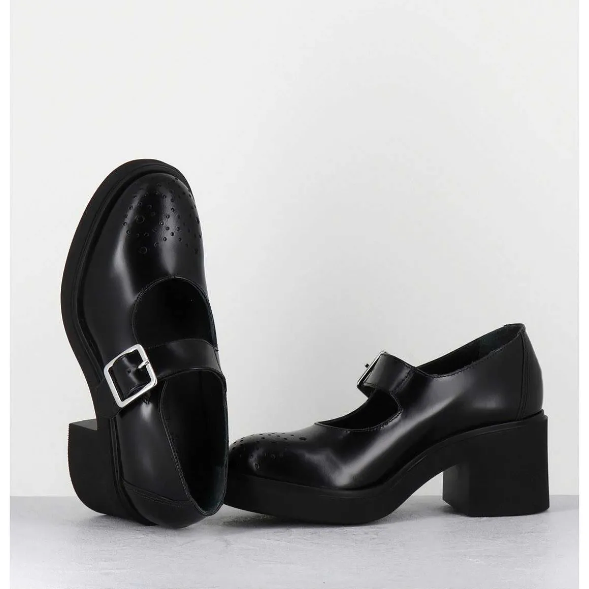 Mary-Jane A Talon En Cuir Glace Noir Bout Fleuri - Al111 Abrasivato Nero