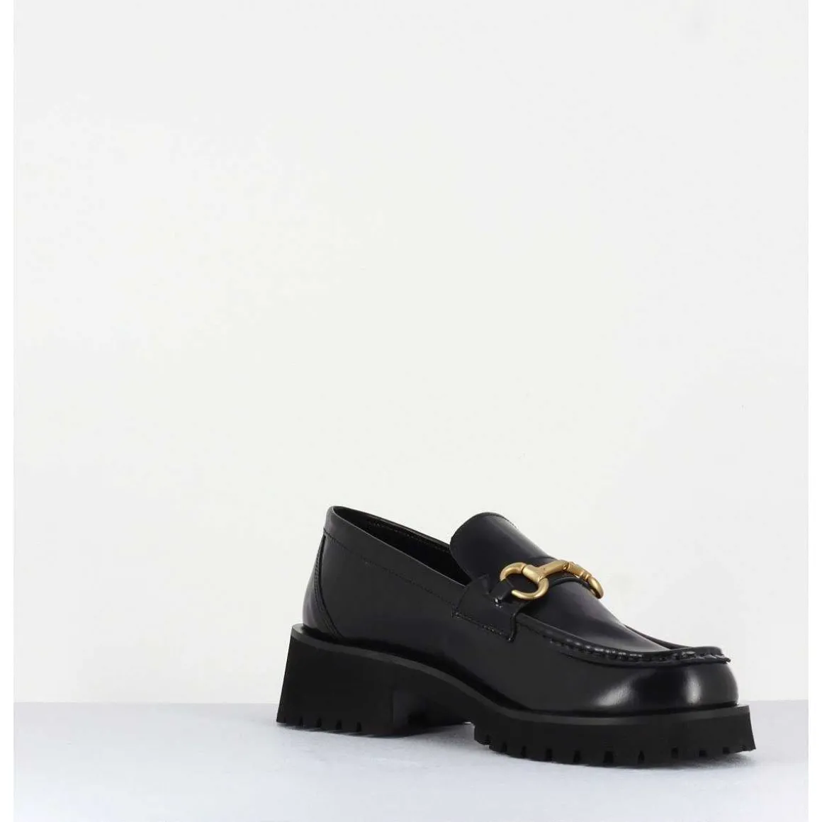 Mocassin En Cuir Noir A Mors Dore & Semelle Micro - 21Jmc30 Nero