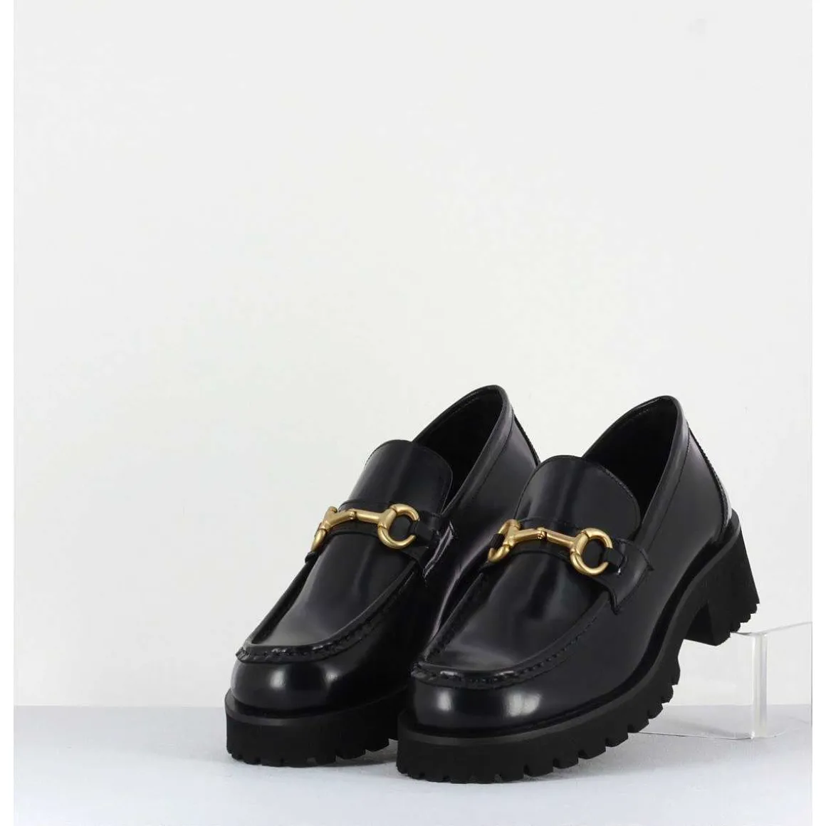 Mocassin En Cuir Noir A Mors Dore & Semelle Micro - 21Jmc30 Nero