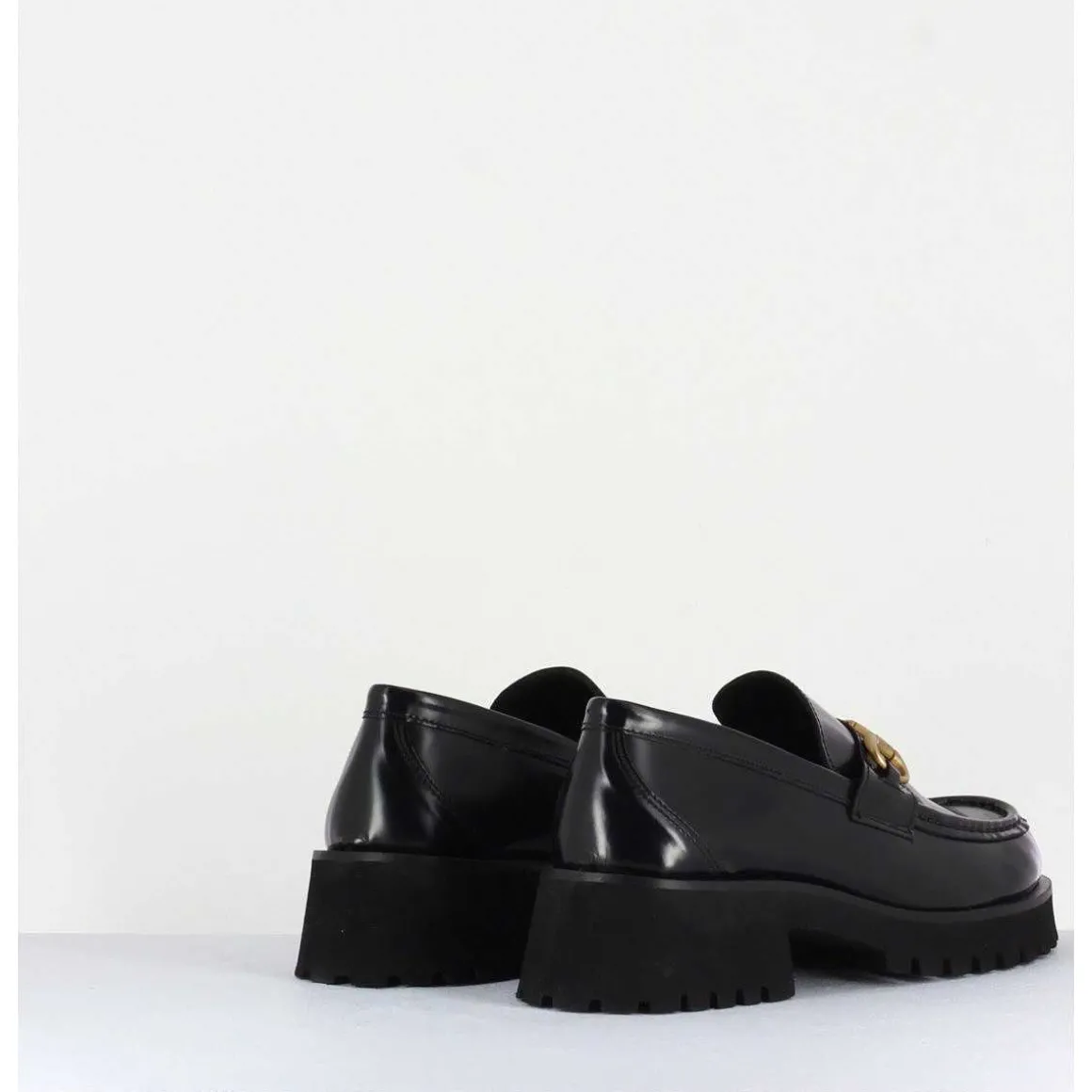 Mocassin En Cuir Noir A Mors Dore & Semelle Micro - 21Jmc30 Nero