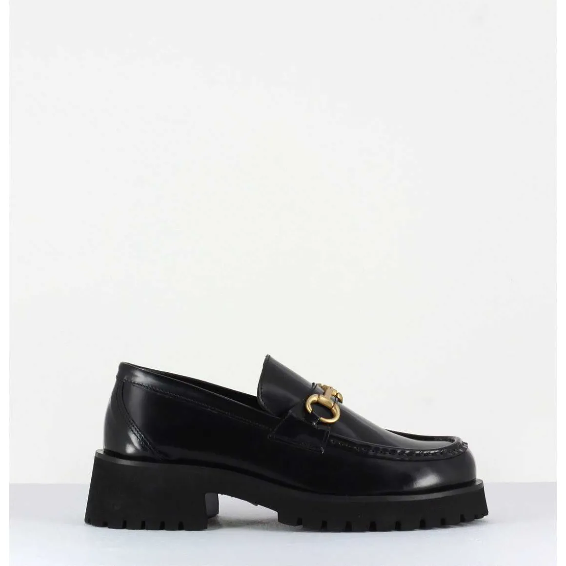 Mocassin En Cuir Noir A Mors Dore & Semelle Micro - 21Jmc30 Nero