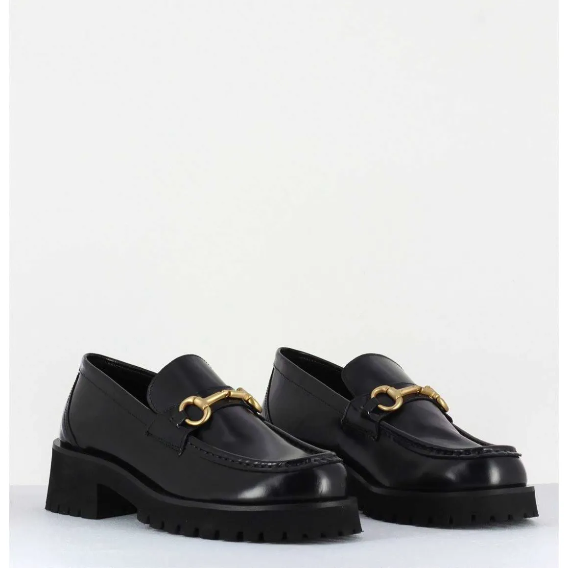 Mocassin En Cuir Noir A Mors Dore & Semelle Micro - 21Jmc30 Nero