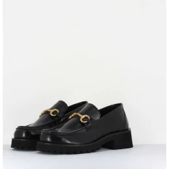 Mocassin En Cuir Noir A Mors Dore & Semelle Micro - 21Jmc30 Nero