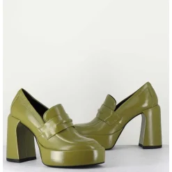 Mocassins A Plateforme En Cuir Vert Kaki - E3301 Erba