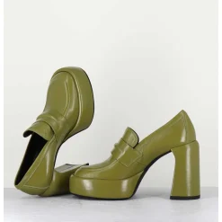 Mocassins A Plateforme En Cuir Vert Kaki - E3301 Erba