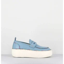 Mocassins En Cuir Bleu Avec Surpiqures Multico - A66C Happy Blu
