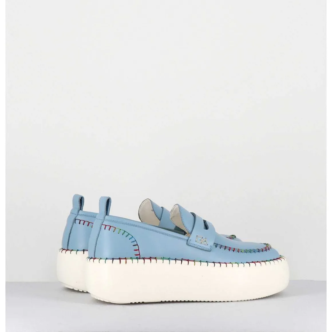 Mocassins En Cuir Bleu Avec Surpiqures Multico - A66C Happy Blu