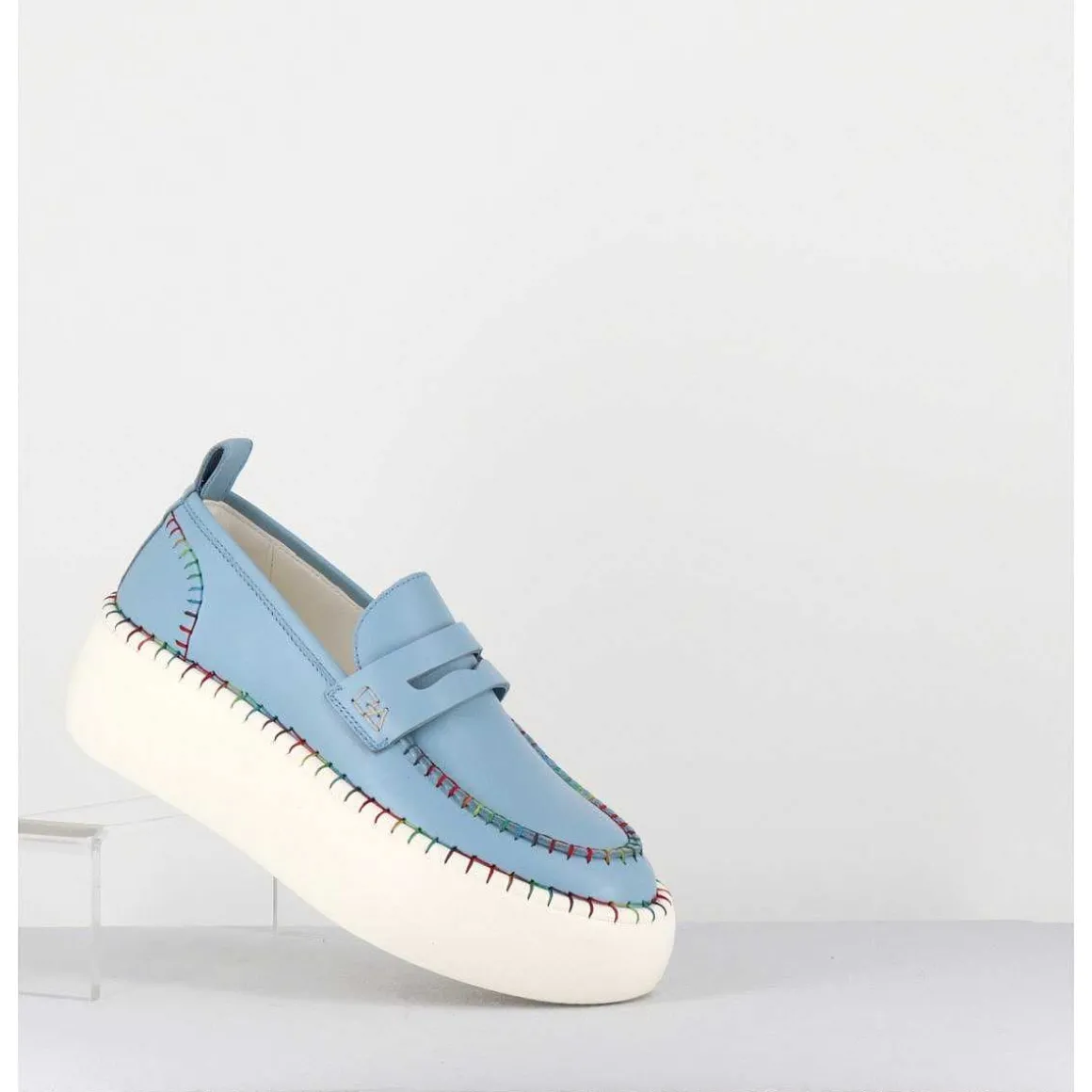 Mocassins En Cuir Bleu Avec Surpiqures Multico - A66C Happy Blu