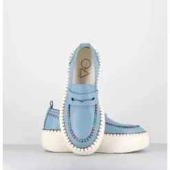 Mocassins En Cuir Bleu Avec Surpiqures Multico - A66C Happy Blu