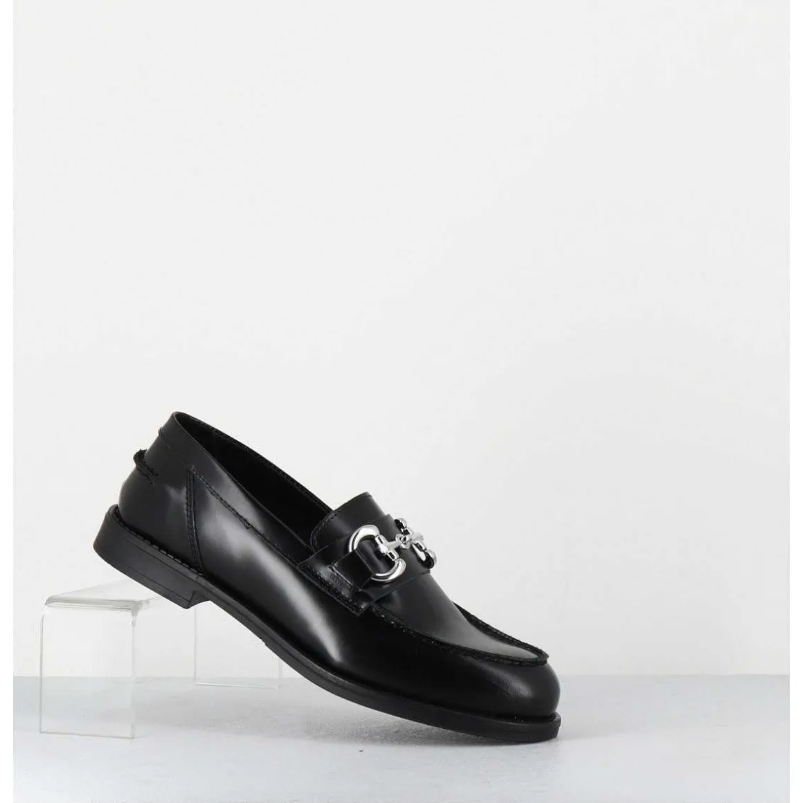 Mocassins En Cuir Glace Noir & Mors Argent - Al104 Abrasivato Nero