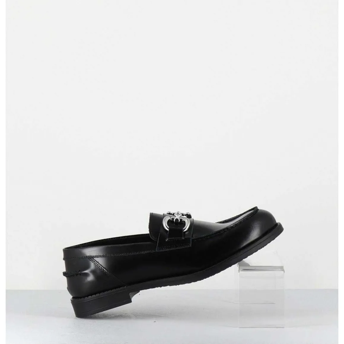 Mocassins En Cuir Glace Noir & Mors Argent - Al104 Abrasivato Nero