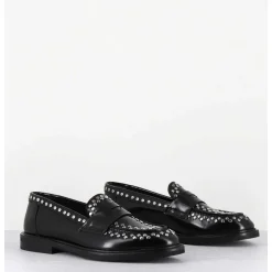 Mocassins En Cuir Noir & Rivets Argent Semelle Gomme - Aversa Abra Nero