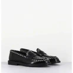 Mocassins En Cuir Noir & Rivets Argent Semelle Gomme - Aversa Abra Nero