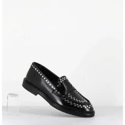 Mocassins En Cuir Noir & Rivets Argent Semelle Gomme - Aversa Abra Nero
