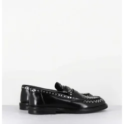 Mocassins En Cuir Noir & Rivets Argent Semelle Gomme - Aversa Abra Nero