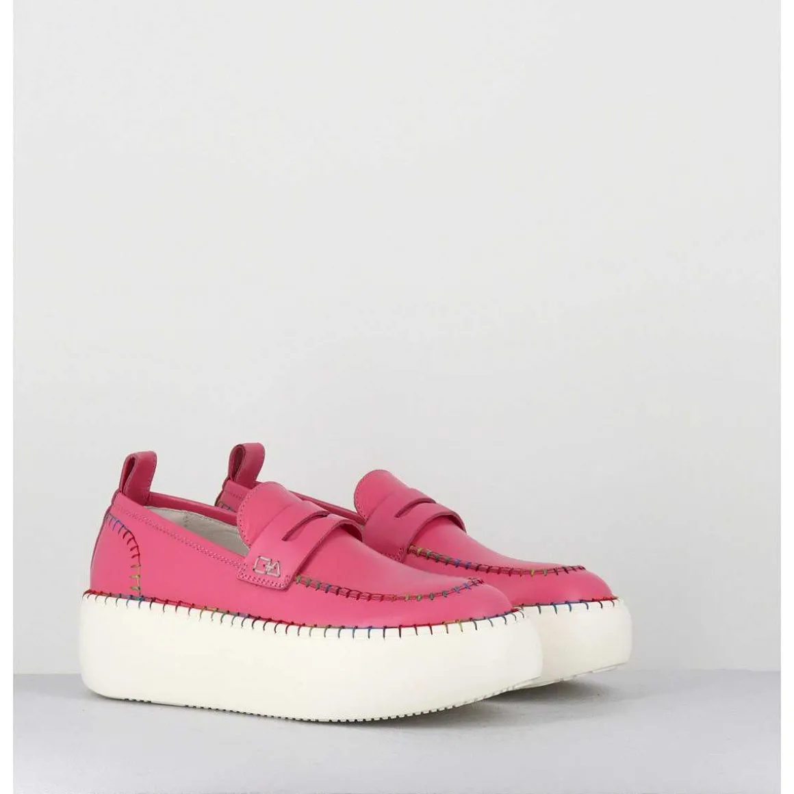 Mocassins En Cuir Rose Avec Surpiqures Multico - A66C Happy Rosa