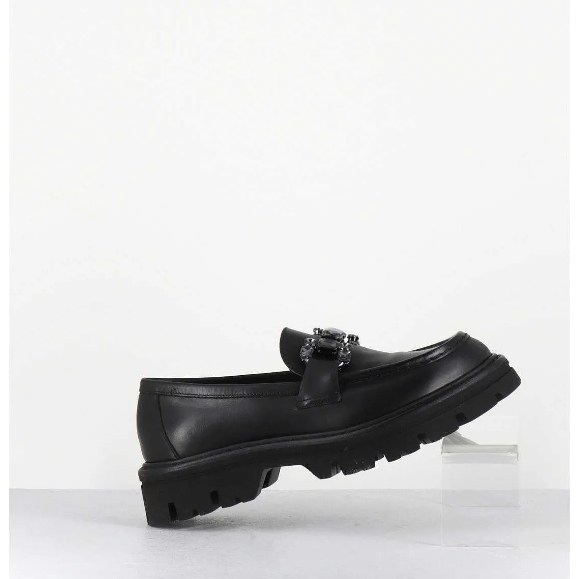 Mocassins En Cuir Souple Noir Semelle Epaisse & Bijoux - W201465 Race Nero