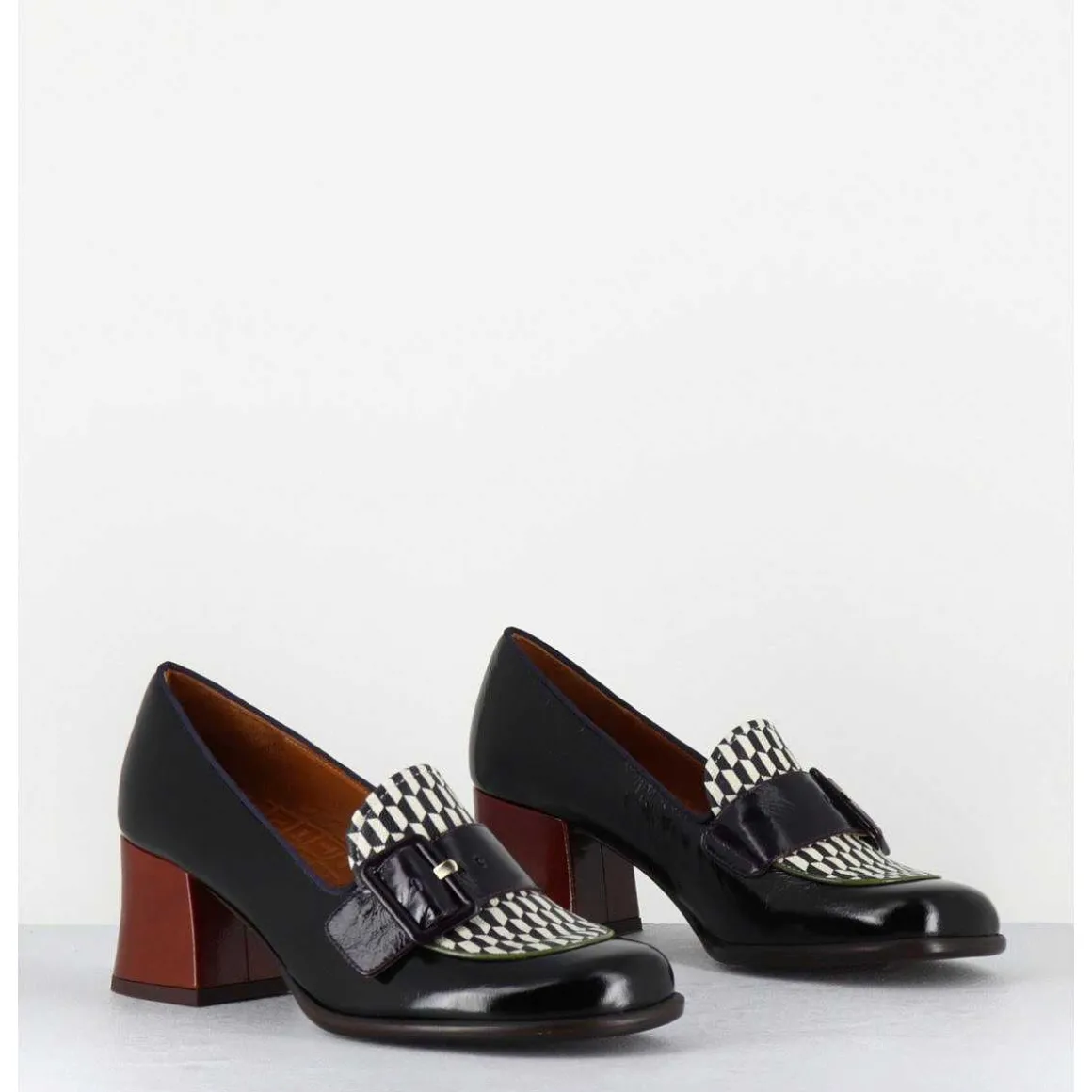 Mocassins Petit Talon Cuir Multi & Imprime Damier - Meisin44 Maserati Negro