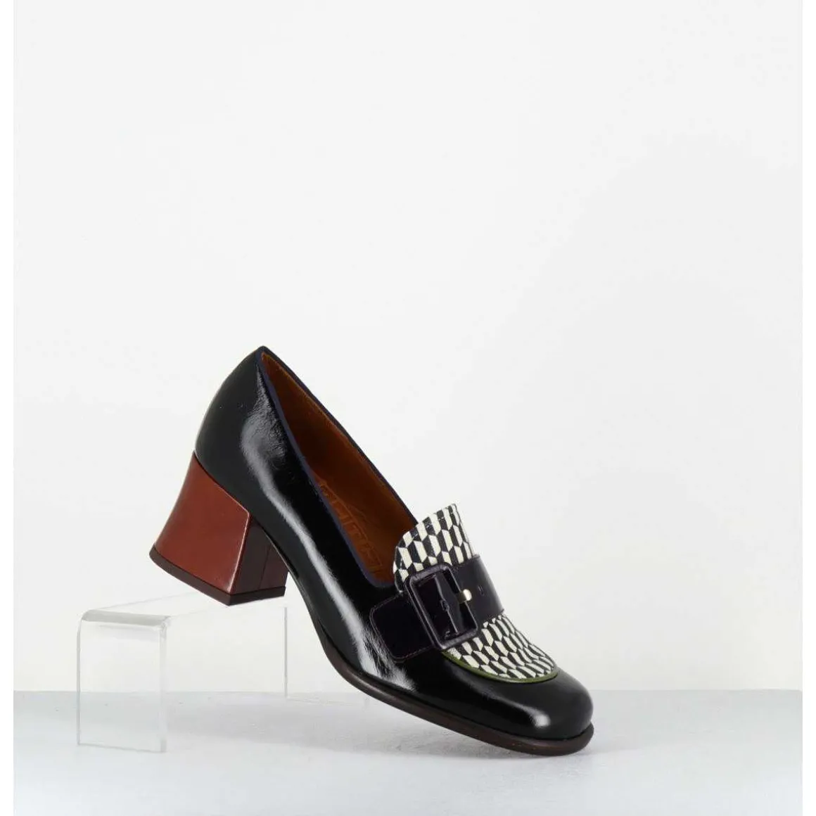 Mocassins Petit Talon Cuir Multi & Imprime Damier - Meisin44 Maserati Negro