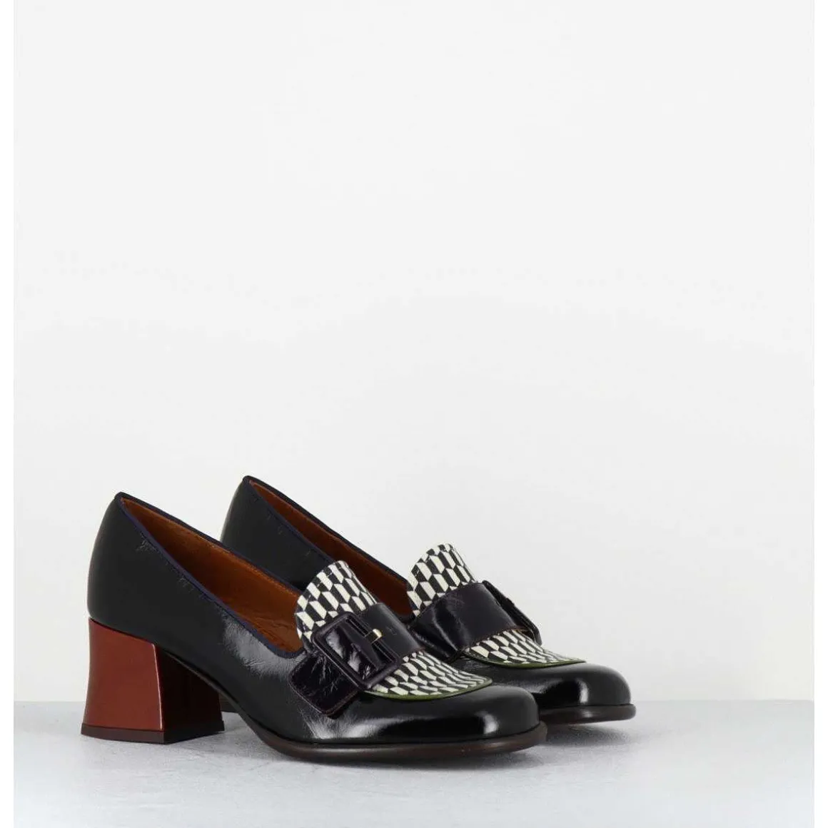 Mocassins Petit Talon Cuir Multi & Imprime Damier - Meisin44 Maserati Negro