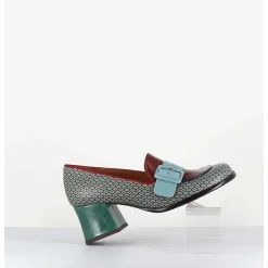 Mocassins Petit Talon Cuir Imprime Retro Multi - Meisin44 Shower Blue
