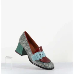 Mocassins Petit Talon Cuir Imprime Retro Multi - Meisin44 Shower Blue