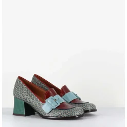 Mocassins Petit Talon Cuir Imprime Retro Multi - Meisin44 Shower Blue