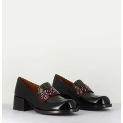 Mocassins Petit Talon Cuir Noir/Marron/Vert - Toben Negro Hunt