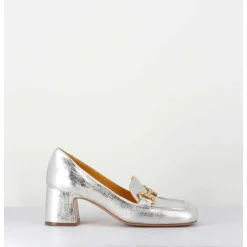 Mocassins Petit Talon En Cuir Argent & Mors Dore - Q167 Vintage Silver