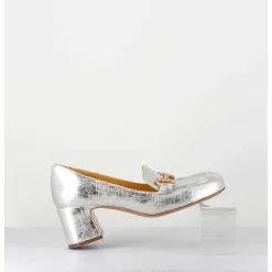 Mocassins Petit Talon En Cuir Argent & Mors Dore - Q167 Vintage Silver