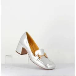 Mocassins Petit Talon En Cuir Argent & Mors Dore - Q167 Vintage Silver