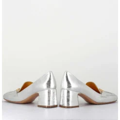 Mocassins Petit Talon En Cuir Argent & Mors Dore - Q167 Vintage Silver