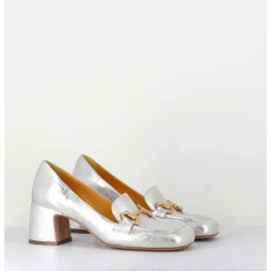 Mocassins Petit Talon En Cuir Argent & Mors Dore - Q167 Vintage Silver