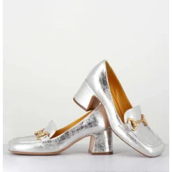 Mocassins Petit Talon En Cuir Argent & Mors Dore - Q167 Vintage Silver