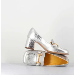 Mocassins Petit Talon En Cuir Argent & Mors Dore - Q167 Vintage Silver
