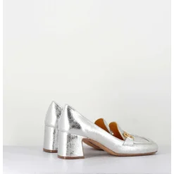 Mocassins Petit Talon En Cuir Argent & Mors Dore - Q167 Vintage Silver
