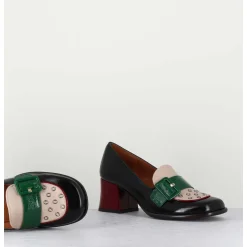 Mocassins Petit Talon En Cuir Vernis Noir & Boucle Verte - Memet Negro Sand