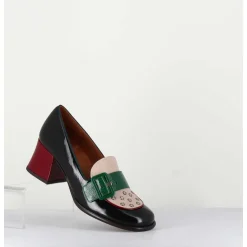 Mocassins Petit Talon En Cuir Vernis Noir & Boucle Verte - Memet Negro Sand