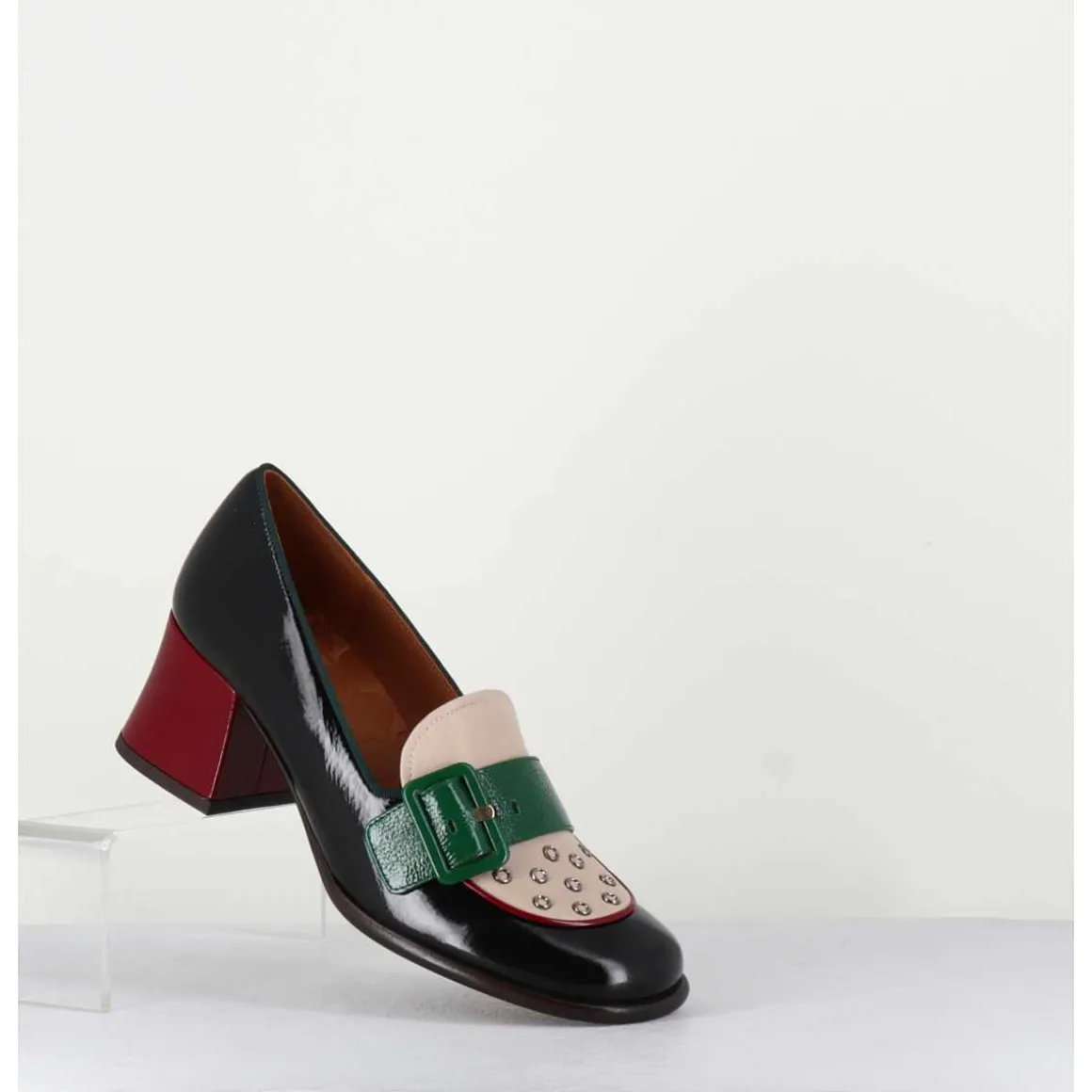 Mocassins Petit Talon En Cuir Vernis Noir & Boucle Verte - Memet Negro Sand