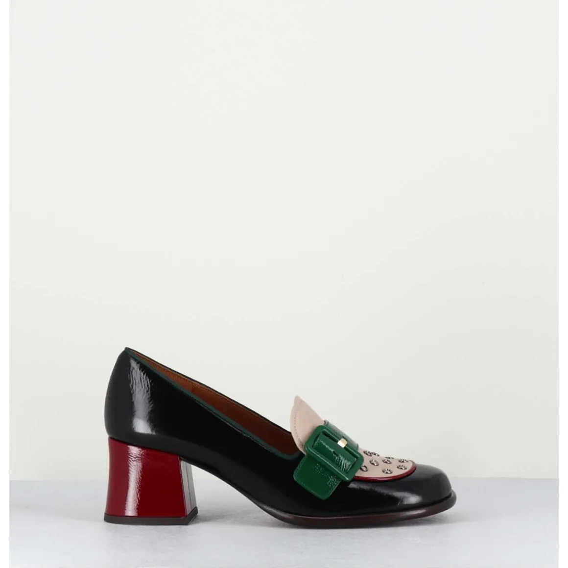 Mocassins Petit Talon En Cuir Vernis Noir & Boucle Verte - Memet Negro Sand