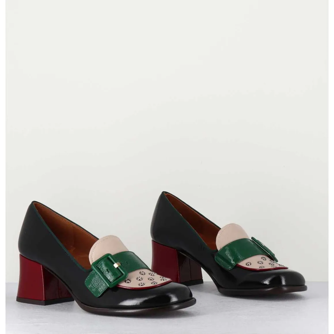 Mocassins Petit Talon En Cuir Vernis Noir & Boucle Verte - Memet Negro Sand