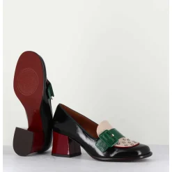Mocassins Petit Talon En Cuir Vernis Noir & Boucle Verte - Memet Negro Sand