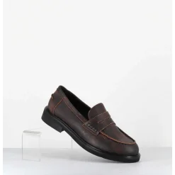 Mocassins Plats A Bout Rond En Cuir Cuir Effet Vintage Marron - Chino Soul Meringa